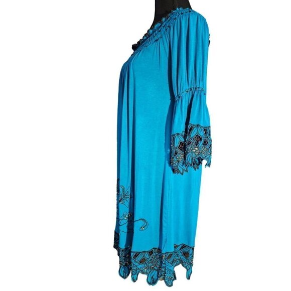 Urban Mango Deep Ocean Blue Comfy Boho Dressy Beaded Lounge Mini Dress, Size M - Picture 5 of 8